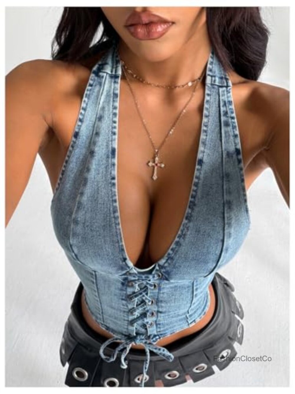 Women's Y2K Denim Halter Corset Vest Top Sleeveless Lace Up Backless - Picture 5 of 7